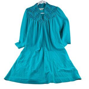 Vintage Shadowline Women's size Medium House Coat 3/4 Zip Aqua Blue Embroidered